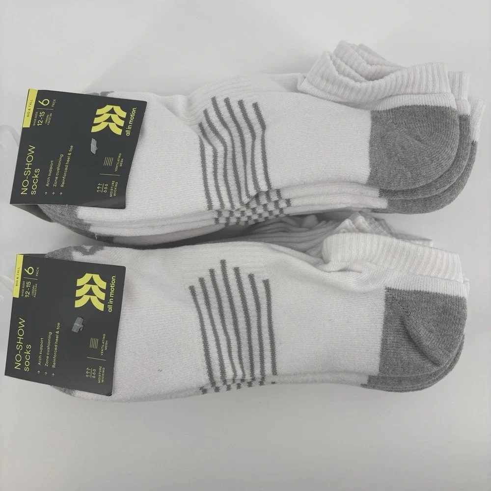 2 Packs/12 Pair All In Motion No Show Socks Men Size 12-15 White Big/Tall Active